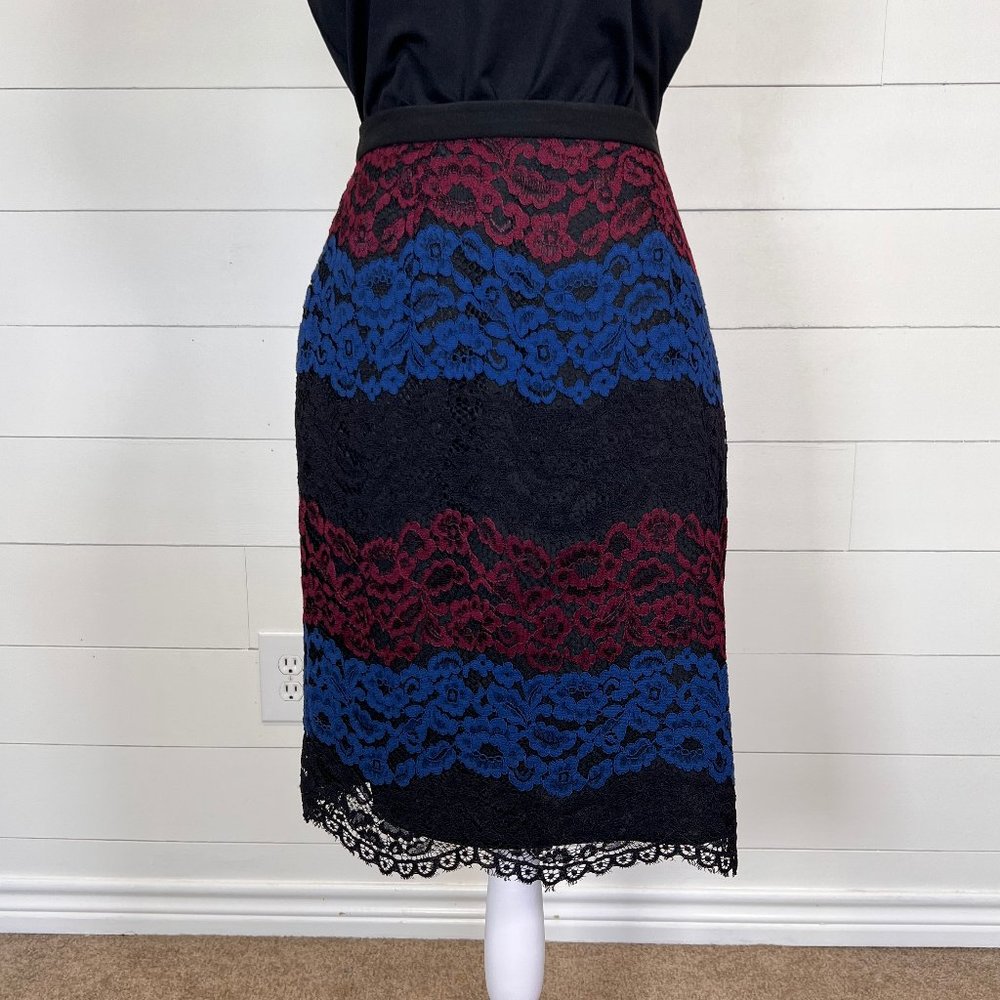 Karl Lagerfeld Blue, Black & Maroon Lace Midi Pencil Skirt Size 8